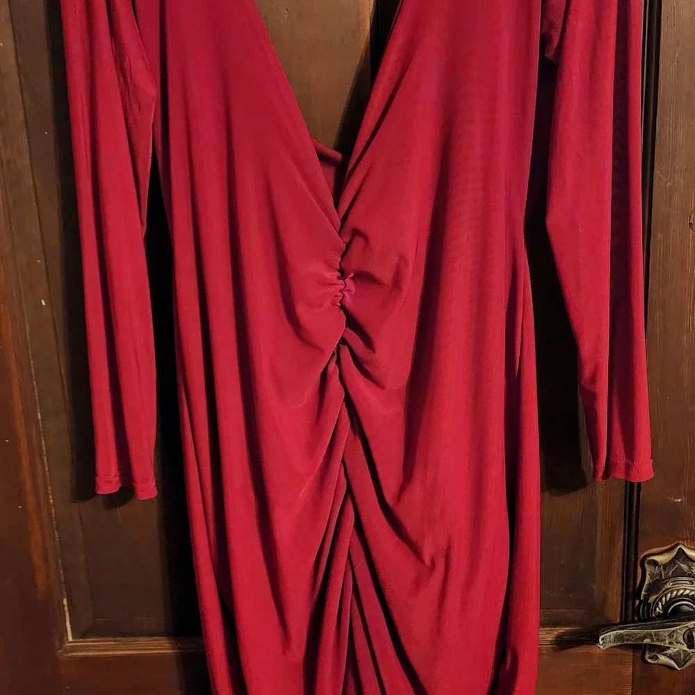 PLT Plus Burgundy slinky mesh sleeve dress - Picture 2 of 2